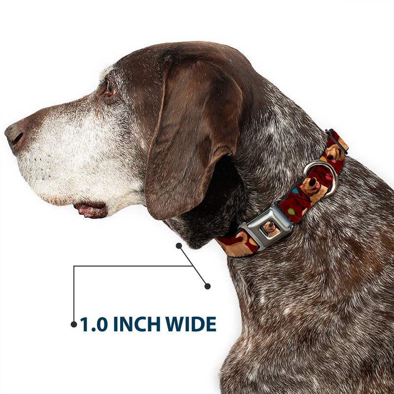 Dug Tongue Out Pose Full Color Black Seatbelt Buckle Collar - Dug 4-Poses/Balloons/Paw Print Reds