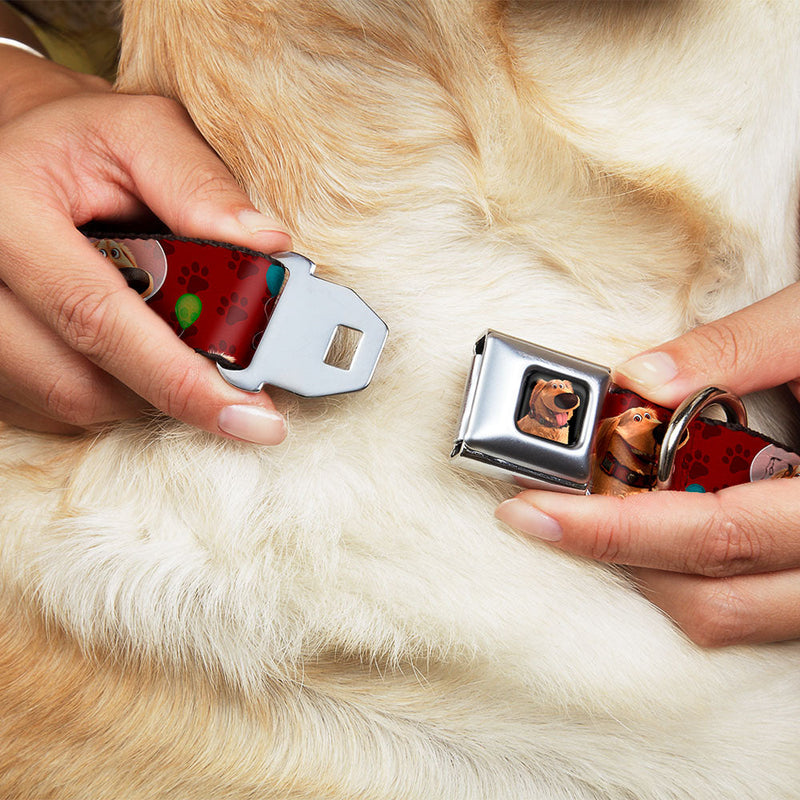 Dug Tongue Out Pose Full Color Black Seatbelt Buckle Collar - Dug 4-Poses/Balloons/Paw Print Reds