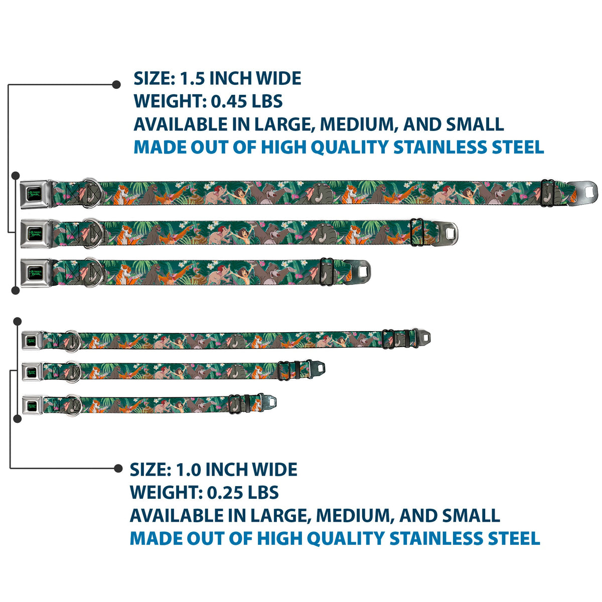 THE JUNGLE BOOK Full Color Black/Green Seatbelt Buckle Collar - The Jungle Book 8-Character Group Greens