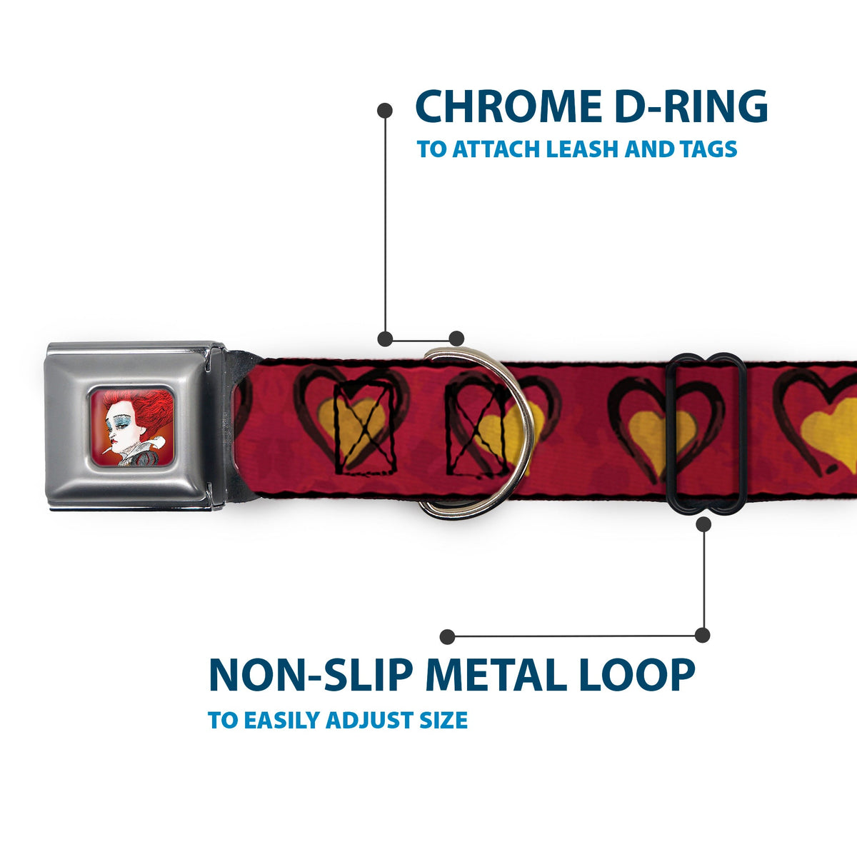 Alice in Wonderland Queen Face Full Color Red Seatbelt Buckle Collar - Alice in Wonderland Queen's Hearts Reds/Black/Gold