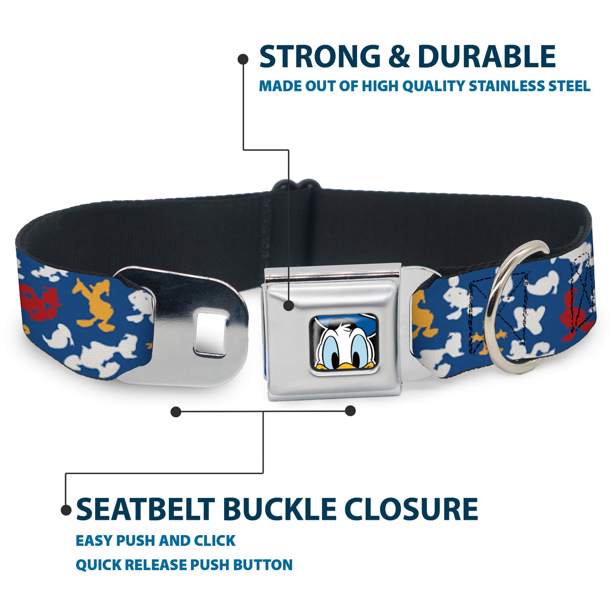 Donald Duck Face CLOSE-UP Full Color Seatbelt Buckle Collar - Donald Duck Face/Poses Scattered Blue/White/Red/Yellow