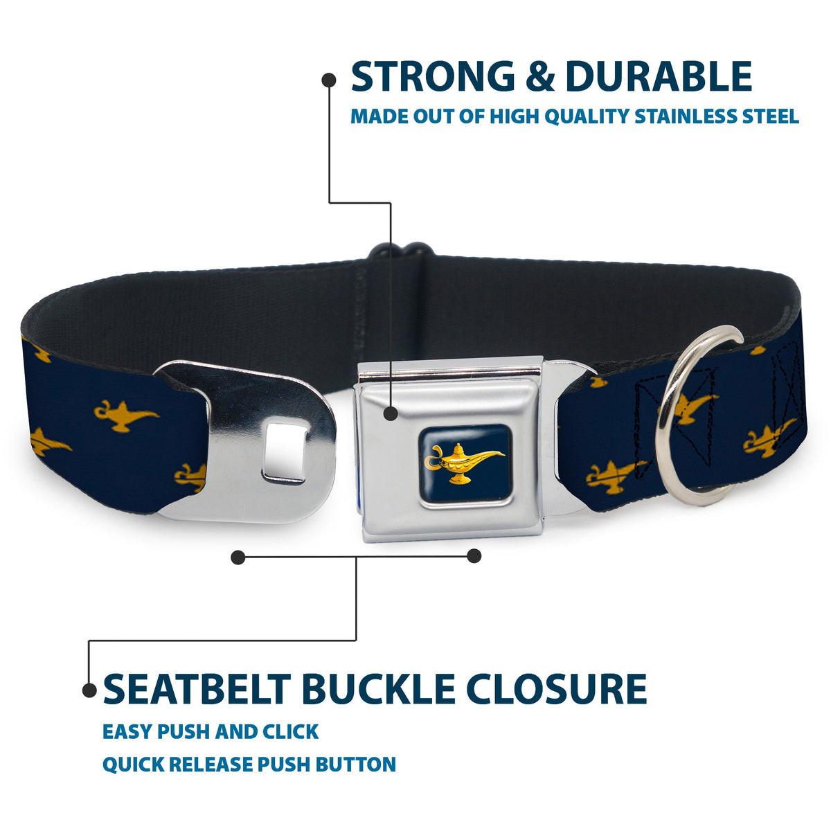 Aladdin 2019 Magic Lamp Full Color Navy/Golds Seatbelt Buckle Collar - Aladdin Genie Lamp Monogram Navy/Gold (Copy)