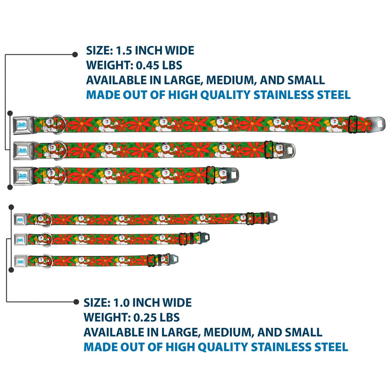 FROSTY THE SNOWMAN Logo Full Color White/Blues Seatbelt Buckle Collar - Frosty the Snowman Pose Poinsetta Plaid Collage Greens/Reds