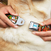 FROSTY THE SNOWMAN Logo Full Color White/Blues Seatbelt Buckle Collar - Frosty the Snowman Pose Poinsetta Plaid Collage Greens/Reds