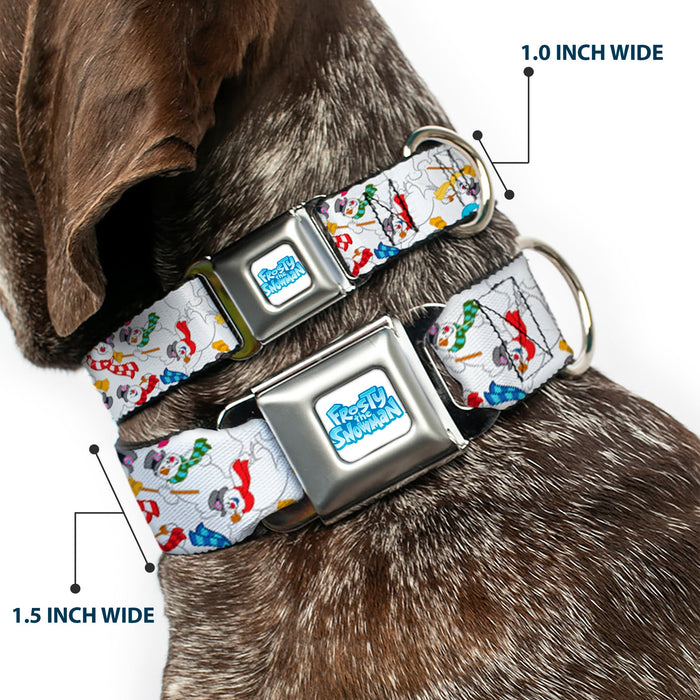 FROSTY THE SNOWMAN Logo Full Color White/Blues Seatbelt Buckle Collar - Frosty the Snowman Pose Scattered White