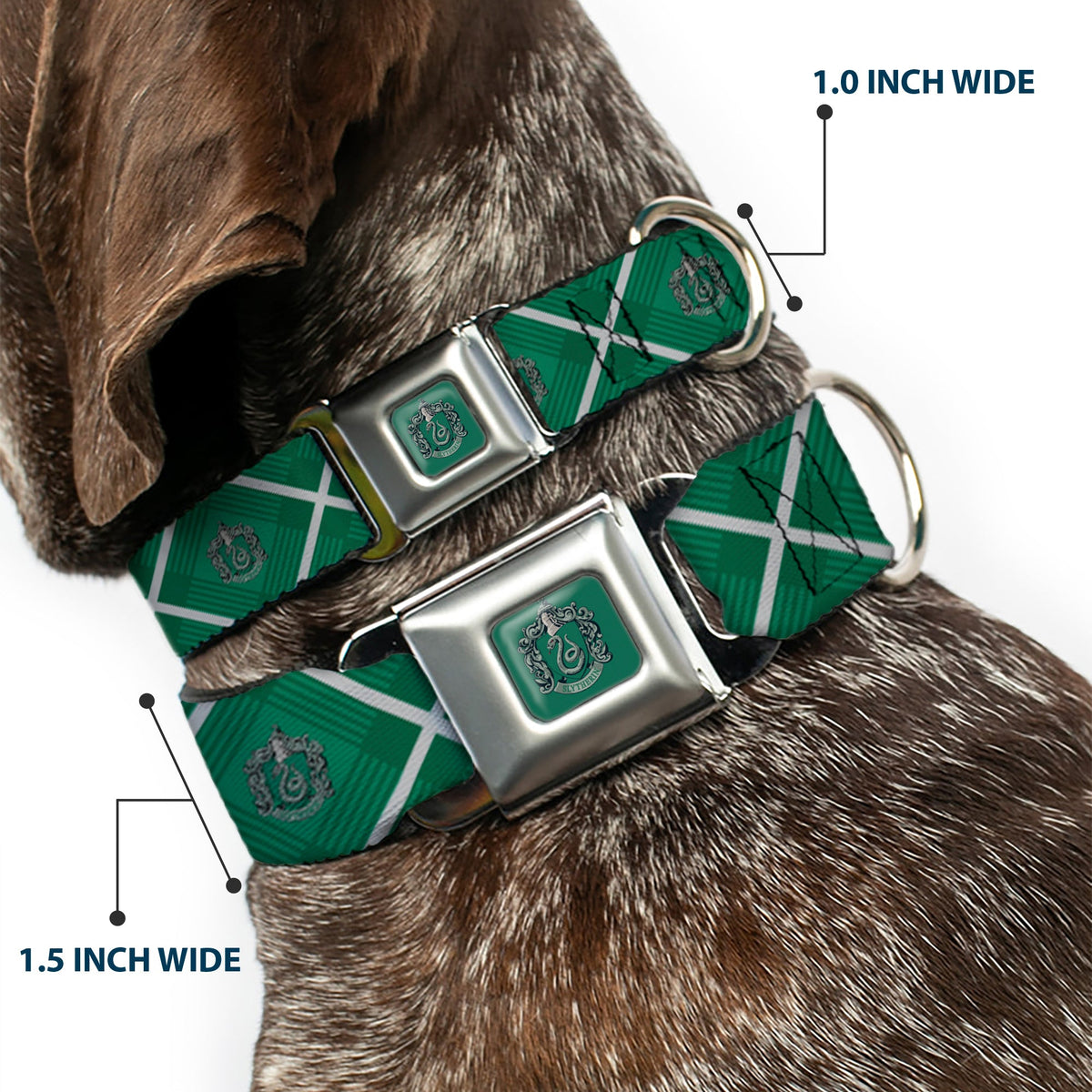 SLYTHERIN Crest Full Color Green Seatbelt Buckle Collar - Harry Potter Slytherin Crest Plaid Greens/Gray