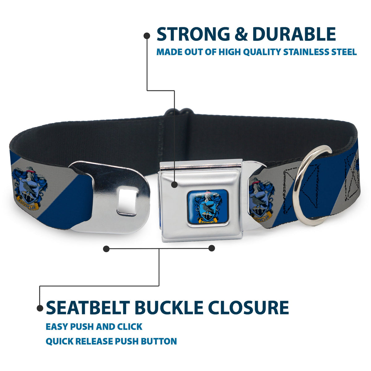 RAVENCLAW Crest Full Color Blue Seatbelt Buckle Collar - RAVENCLAW Crest Diagonal Stripe Gray/Blue