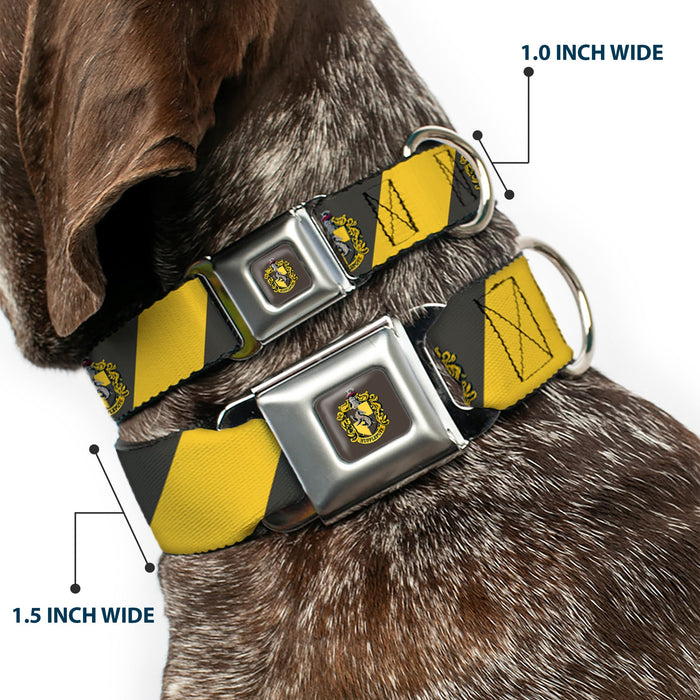 HUFFLEPUFF Crest Full Color Charcoal Gray Seatbelt Buckle Collar - HUFFLEPUFF Crest Diagonal Stripe Charcoal Gray/Yellow