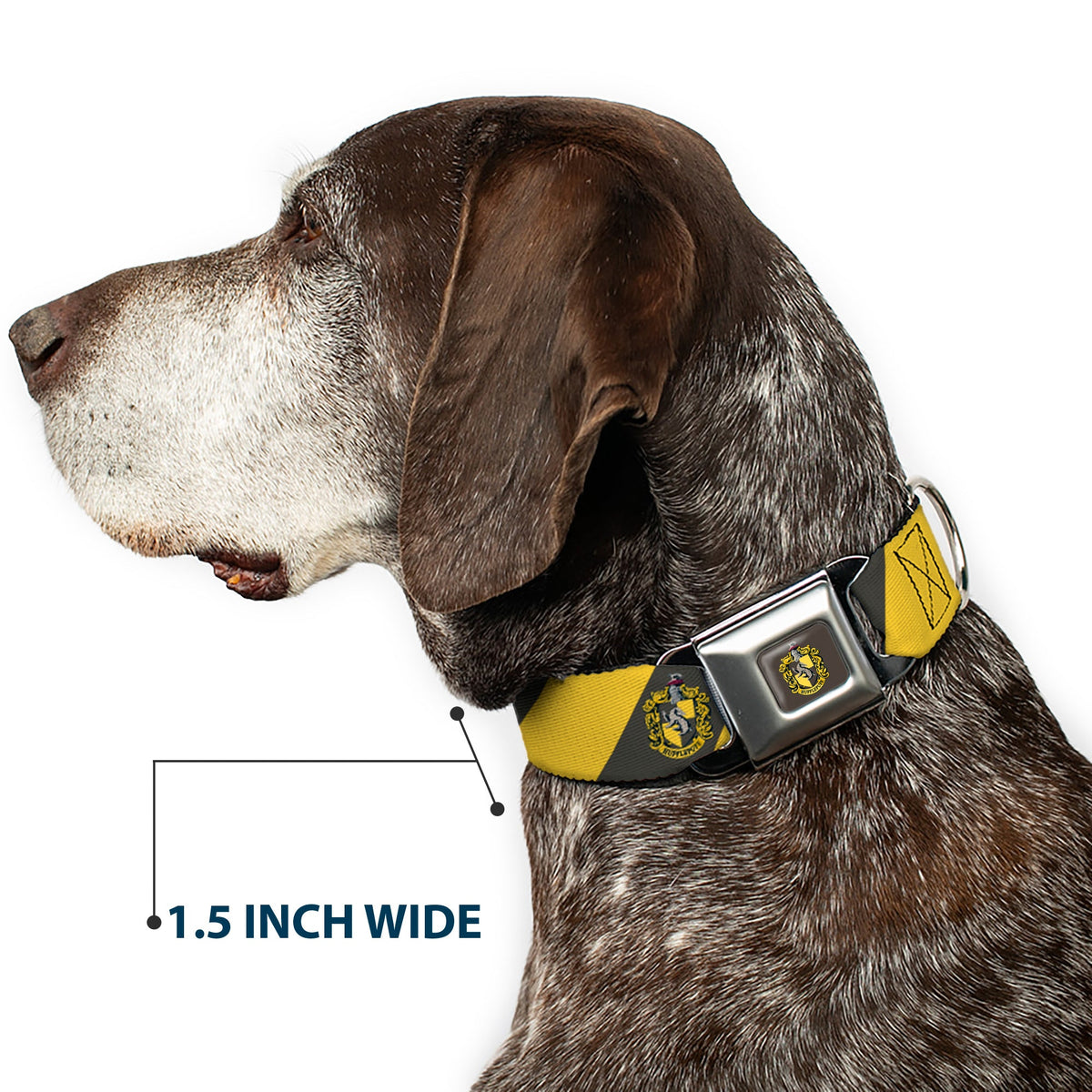 HUFFLEPUFF Crest Full Color Charcoal Gray Seatbelt Buckle Collar - HUFFLEPUFF Crest Diagonal Stripe Charcoal Gray/Yellow