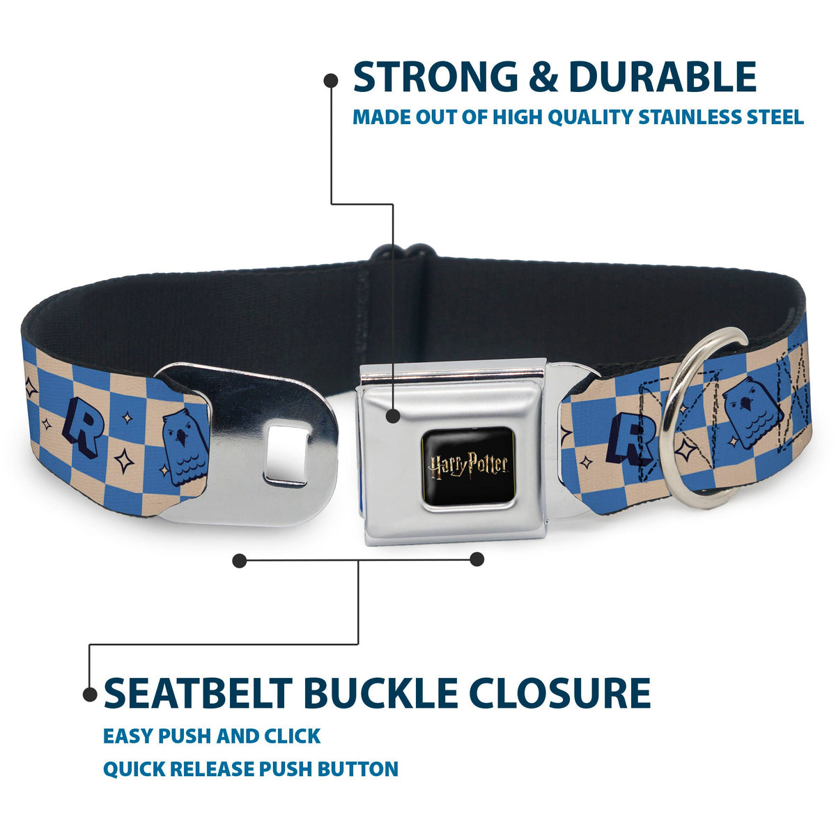 HARRY POTTER Title Logo Full Color Black Seatbelt Buckle Collar - Harry Potter Ravenclaw Icons Checker White/Blue