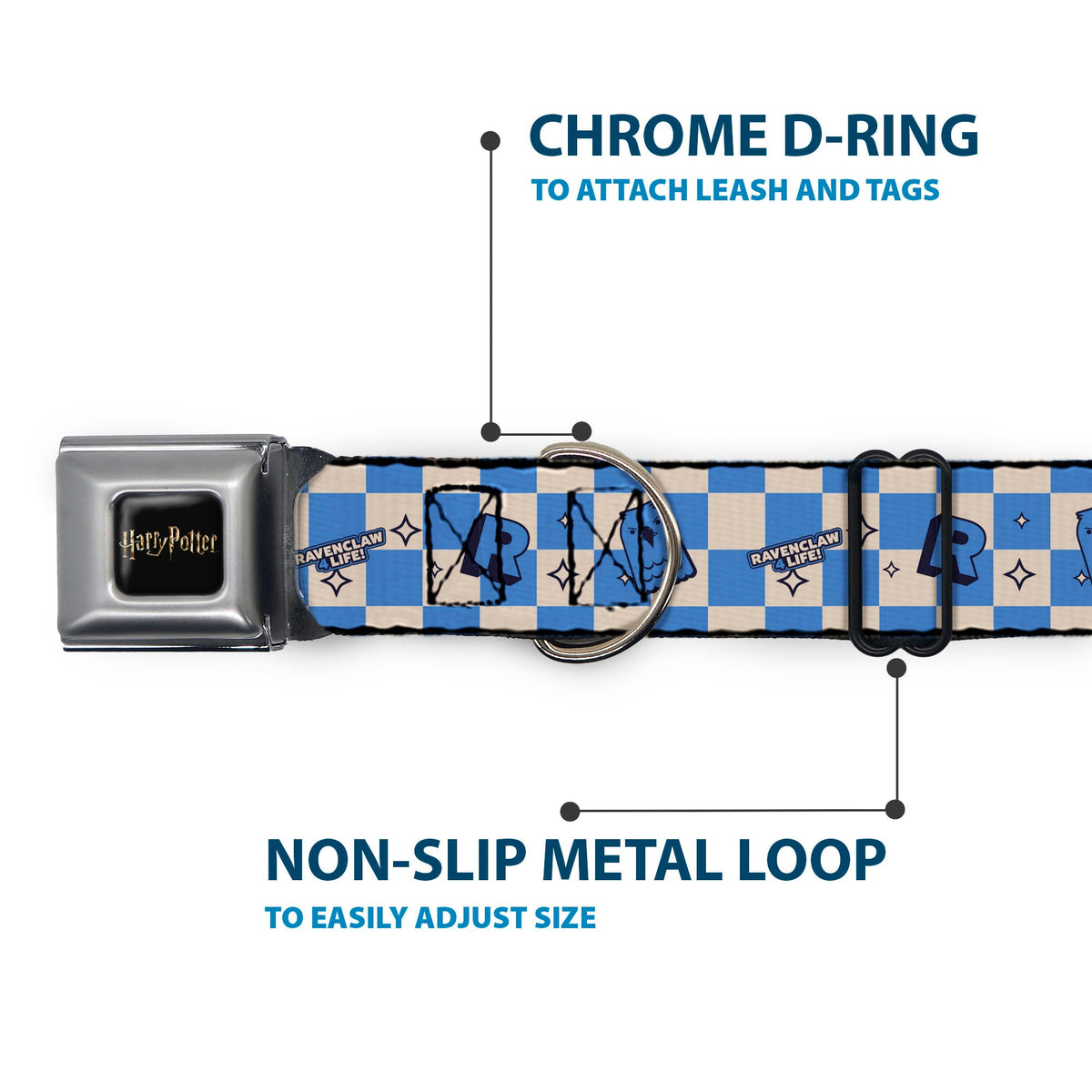 HARRY POTTER Title Logo Full Color Black Seatbelt Buckle Collar - Harry Potter Ravenclaw Icons Checker White/Blue