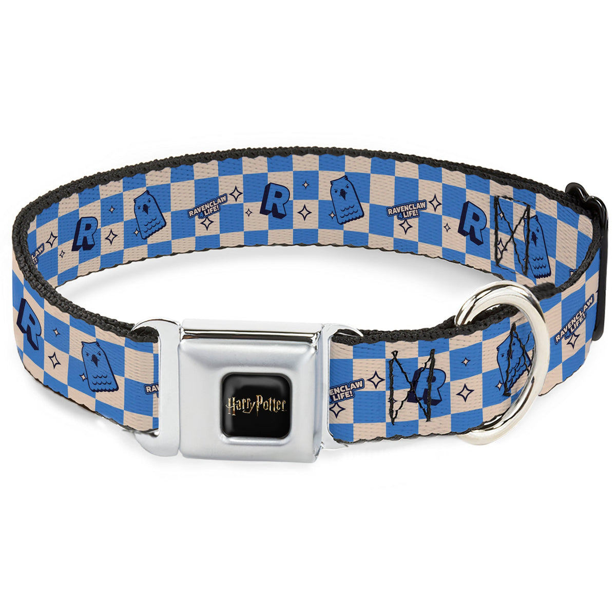 HARRY POTTER Title Logo Full Color Black Seatbelt Buckle Collar - Harry Potter Ravenclaw Icons Checker White/Blue