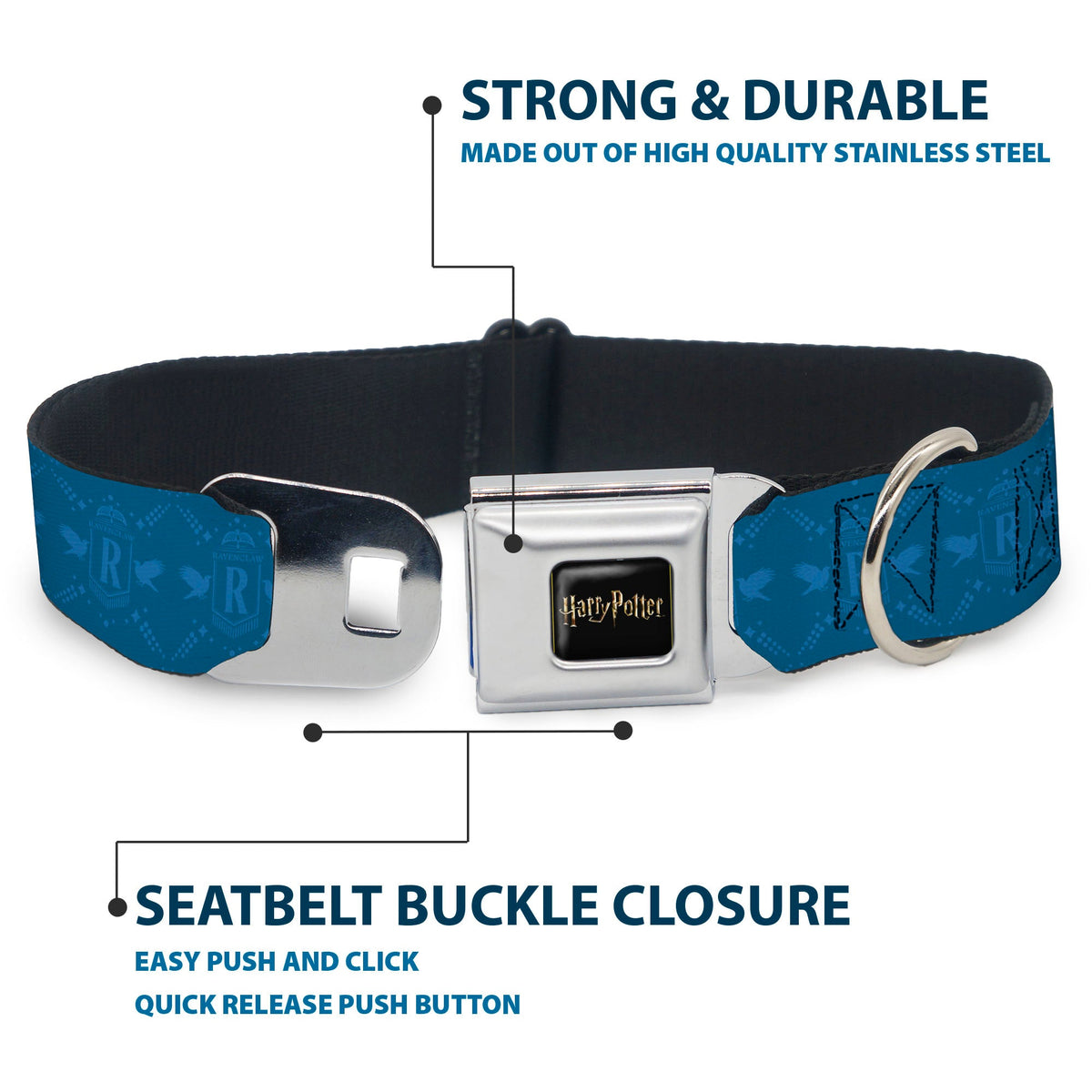 HARRY POTTER Title Logo Full Color Black Seatbelt Buckle Collar - Harry Potter Ravenclaw House Pride Banner Blues