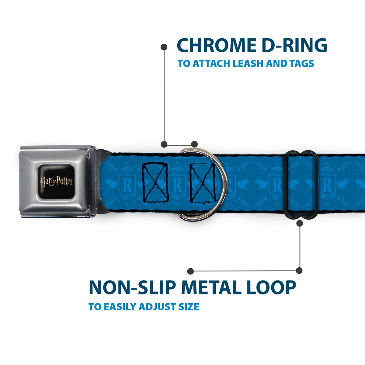 HARRY POTTER Title Logo Full Color Black Seatbelt Buckle Collar - Harry Potter Ravenclaw House Pride Banner Blues