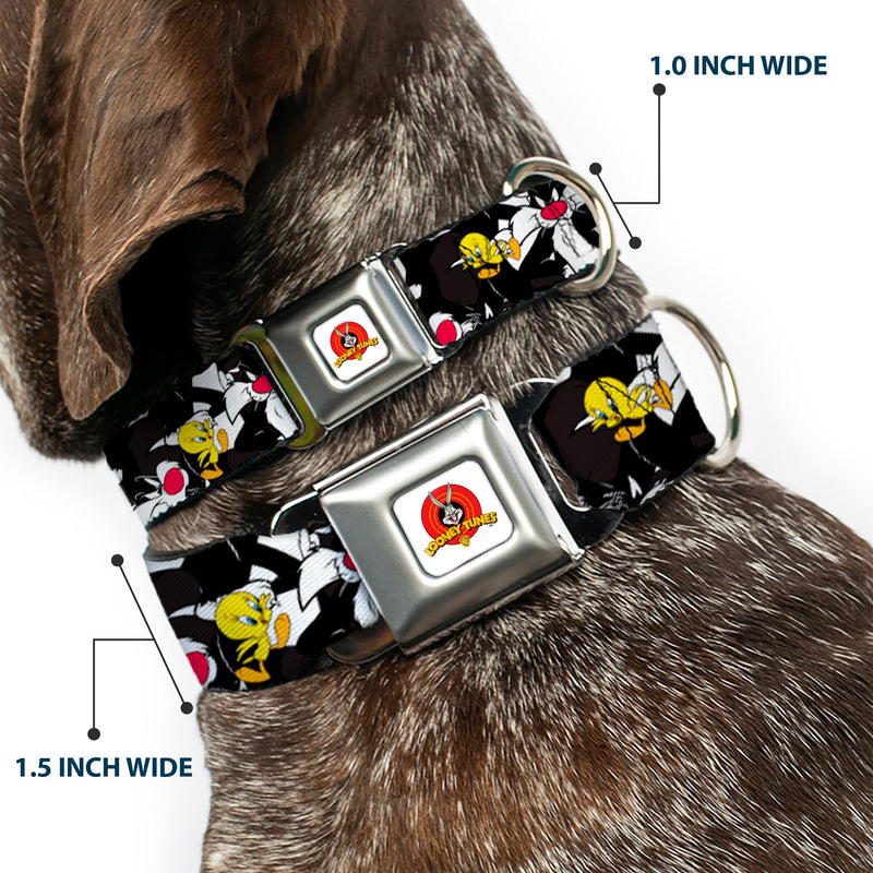 Looney Tunes Logo White Seatbelt Buckle Collar - Sylvester and Tweety Poses Scattered Charcoal