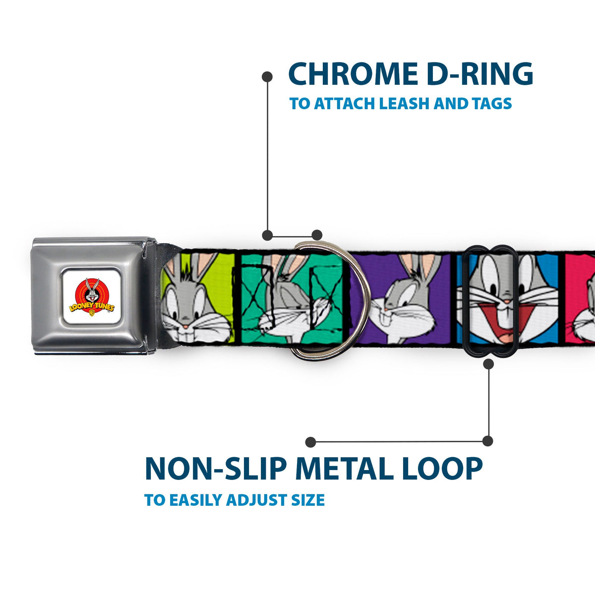 Looney Tunes Logo Full Color White Seatbelt Buckle Collar - Bugs Bunny Expression Blocks Multi Color