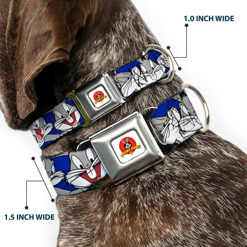 Looney Tunes Logo Full Color White Seatbelt Buckle Collar - Bugs Bunny CLOSE-UP Poses Blue