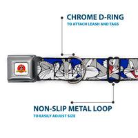 Looney Tunes Logo Full Color White Seatbelt Buckle Collar - Bugs Bunny CLOSE-UP Poses Blue
