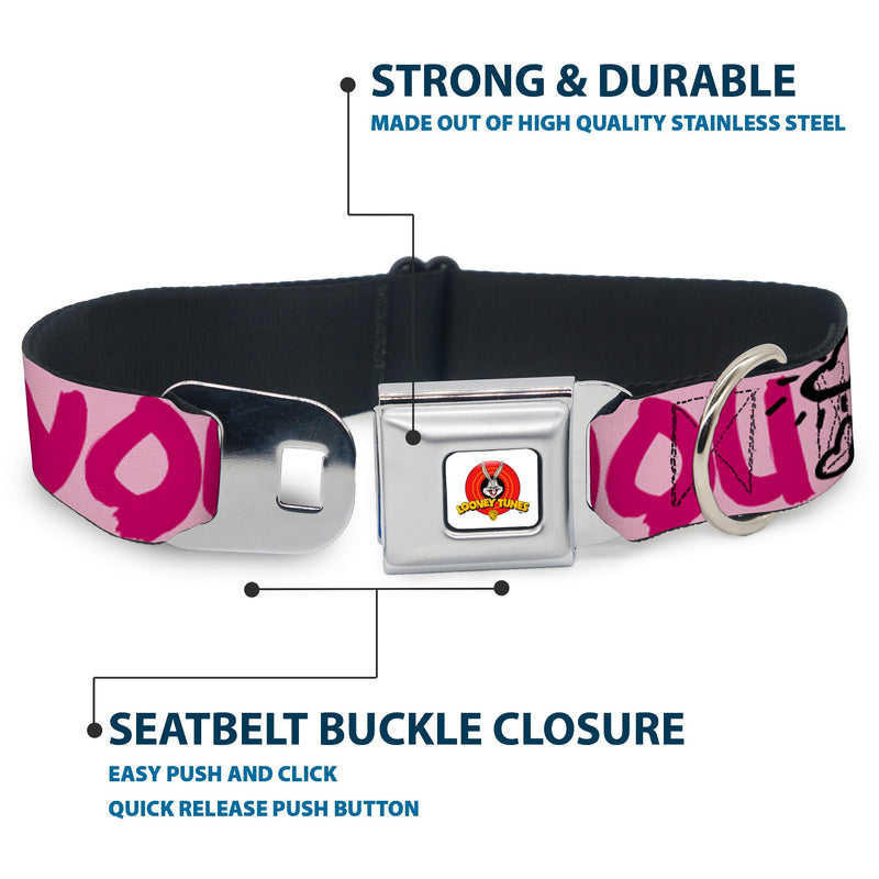 Looney Tunes Logo Full Color White Seatbelt Buckle Collar - Tweety Bird I LOVE YOU Pink/Black