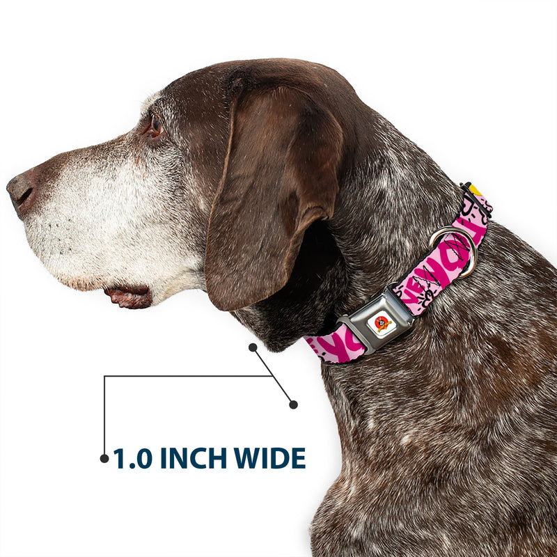 Looney Tunes Logo Full Color White Seatbelt Buckle Collar - Tweety Bird I LOVE YOU Pink/Black