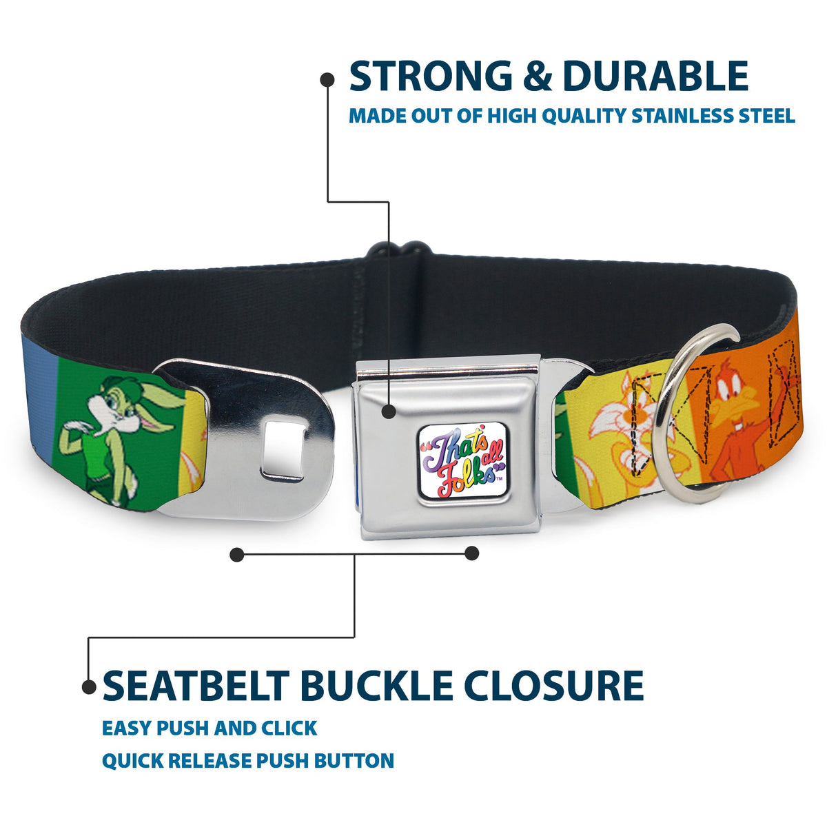 Looney Tunes THAT'S ALL FOLKS Script Full Color White/Multi Color Seatbelt Buckle Collar - Looney Tunes 6-Character Pose Pride Blocks Multi Color