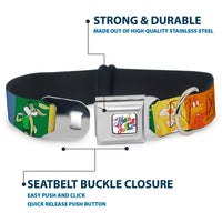 Looney Tunes THAT'S ALL FOLKS Script Full Color White/Multi Color Seatbelt Buckle Collar - Looney Tunes 6-Character Pose Pride Blocks Multi Color