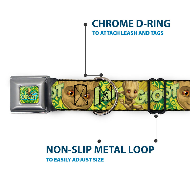 Baby Groot Running Pose I AM GROOT Full Color Greens/Yellows Seatbelt Buckle Collar - Baby Groot Pose/Face I AM GROOT Browns/Greens/Yellows