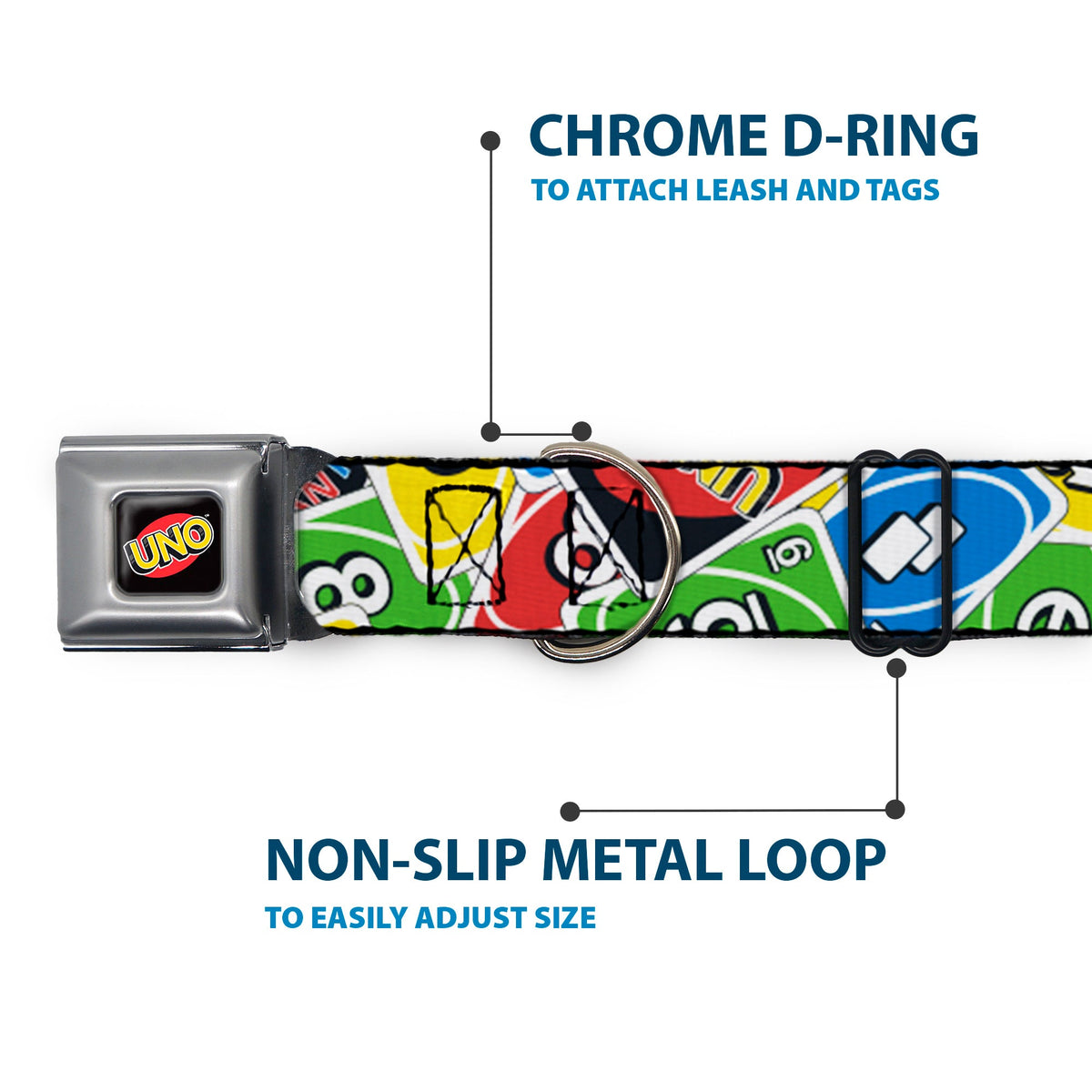 UNO Game Logo Full Color Black/Red/Yellow Seatbelt Buckle Collar - UNO Cards Stacked Collage Multi Color