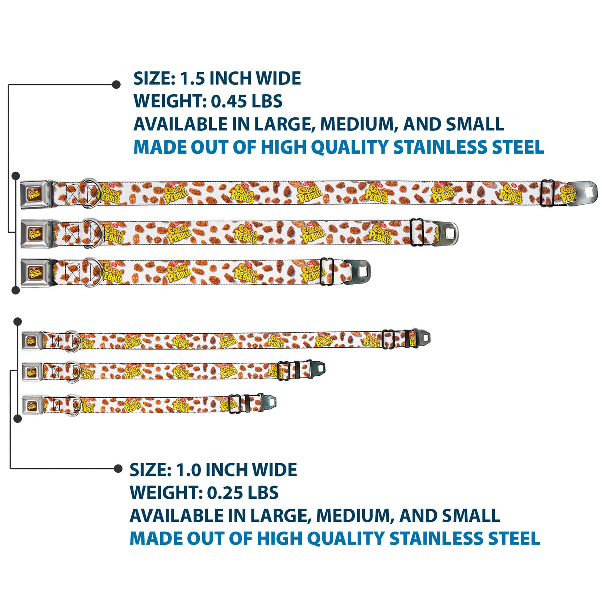 POST COCOA PEBBLES Logo Full Color Brown/Yellows Seatbelt Buckle Collar - POST COCOA PEBBLES Logo and Cereal Pebbles Scattered White/Browns