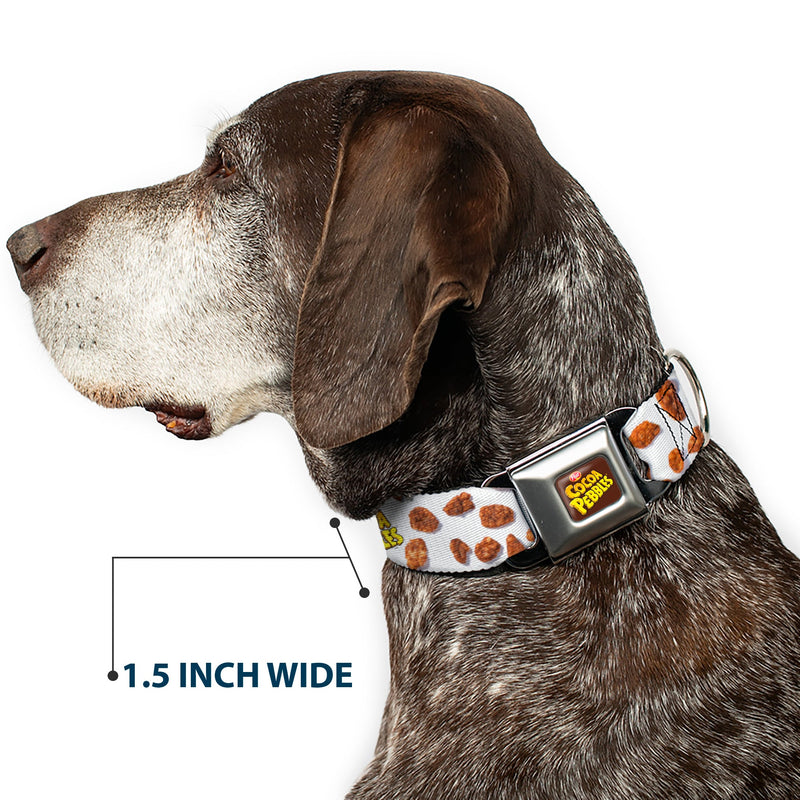 POST COCOA PEBBLES Logo Full Color Brown/Yellows Seatbelt Buckle Collar - POST COCOA PEBBLES Logo and Cereal Pebbles Scattered White/Browns