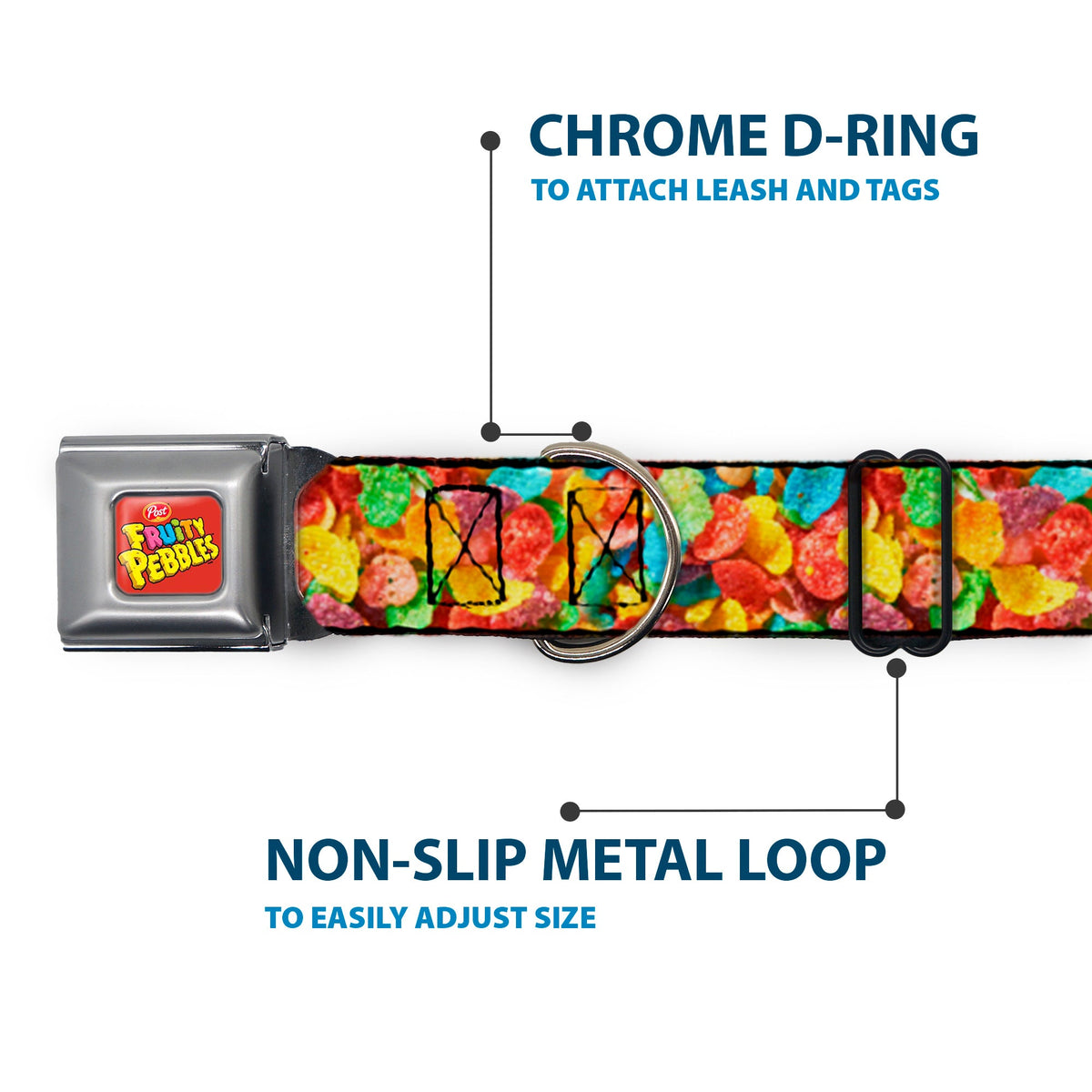 POST FRUITY PEBBLES Logo Full Color Red/Multi Color Seatbelt Buckle Collar - Fruity Pebbles Vivid Cereal CLOSE-UP Multi Color