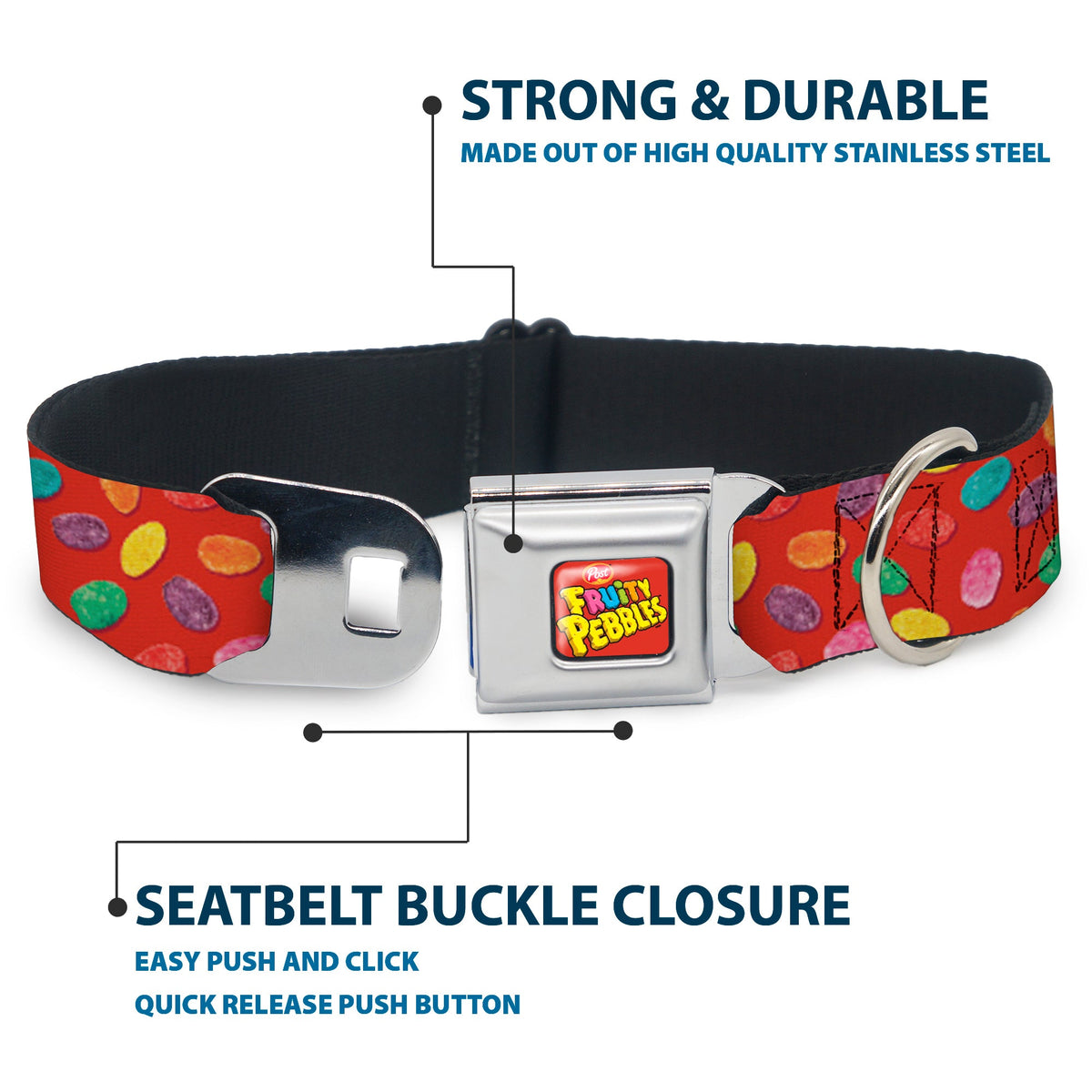 POST FRUITY PEBBLES Logo Full Color Red/Multi Color Seatbelt Buckle Collar - Fruity Pebbles Cereal Pebbles Scattered Red/Multi Color