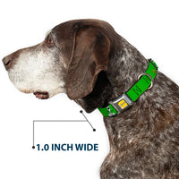 PEANUTS Title Logo Full Color Yellow/White Seatbelt Buckle Collar - Peanuts Snoopy and Woodstock Laughing HAHA Pose Green