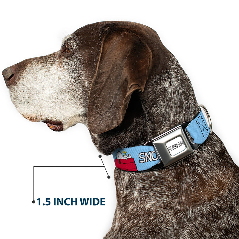 PEANUTS Title Logo Full Color Gray/White Seatbelt Buckle Collar - Peanuts Snoopy and Woodstock Dog House Pose and Text Sky Blue