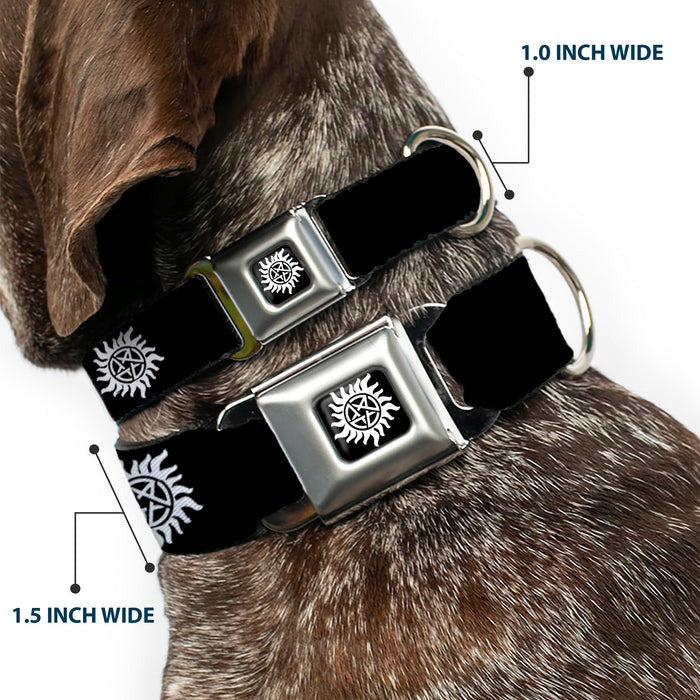 Winchester Logo Full Color Black White Seatbelt Buckle Collar - Winchester Pentagram Repeat Black/White