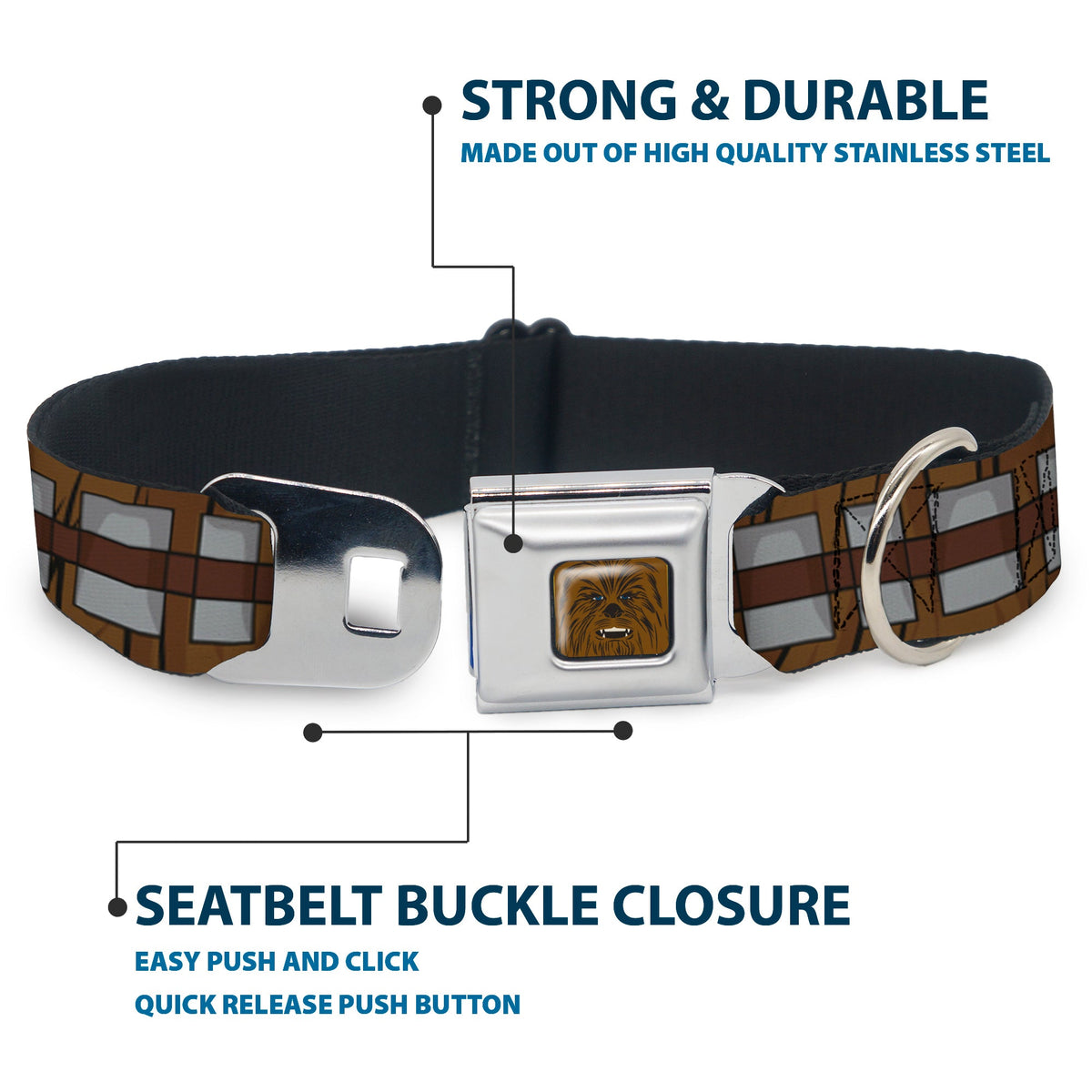 Star Wars Chewbacca Face CLOSE-UP Full Color Brown Seatbelt Buckle Collar - Star Wars Chewbacca Bandolier Bounding Browns/Gray