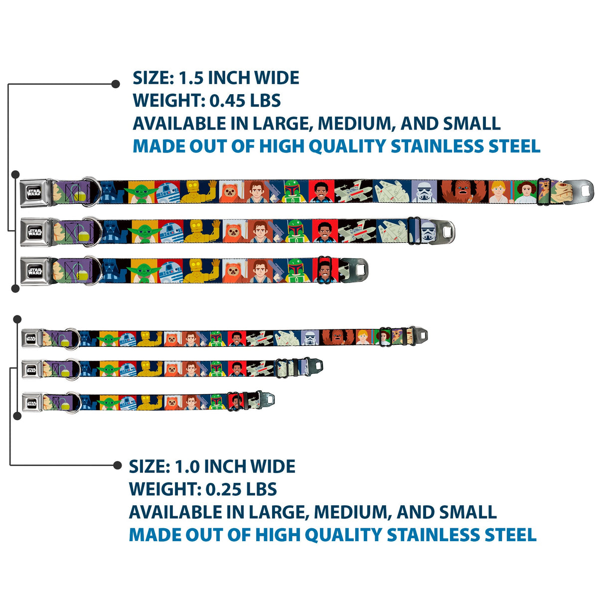 STAR WARS Logo Full Color Black/White Seatbelt Buckle Collar - Star Wars Classic 16-Character Pose Blocks Multi Color