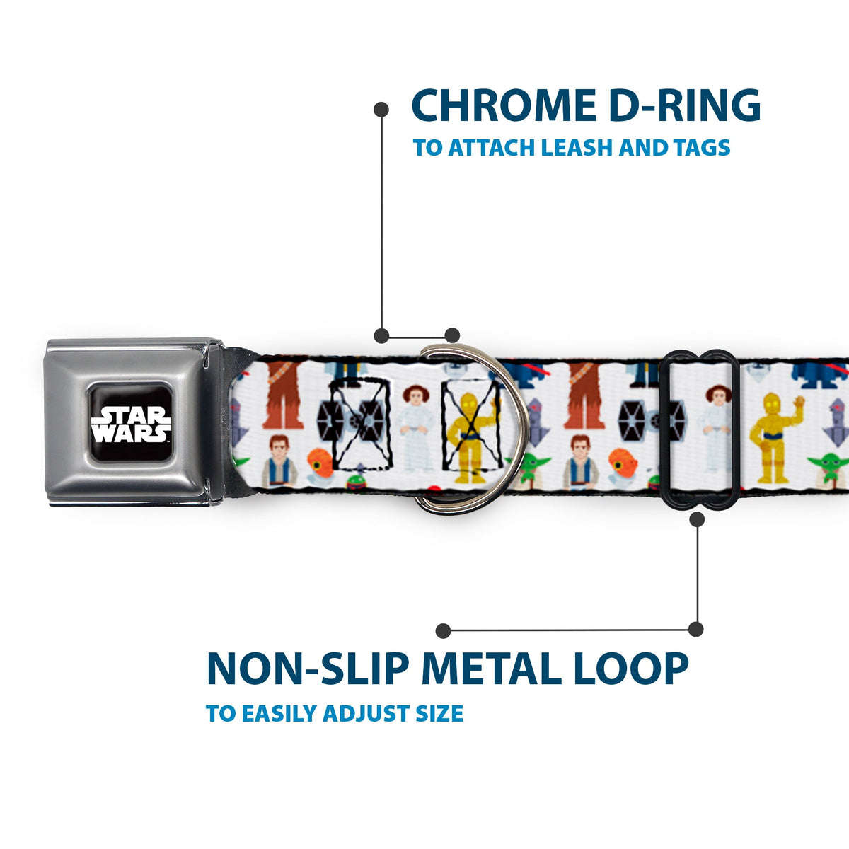 STAR WARS Logo Full Color Black/White Seatbelt Buckle Collar - Star Wars Classic Characters and Icons Collage White
