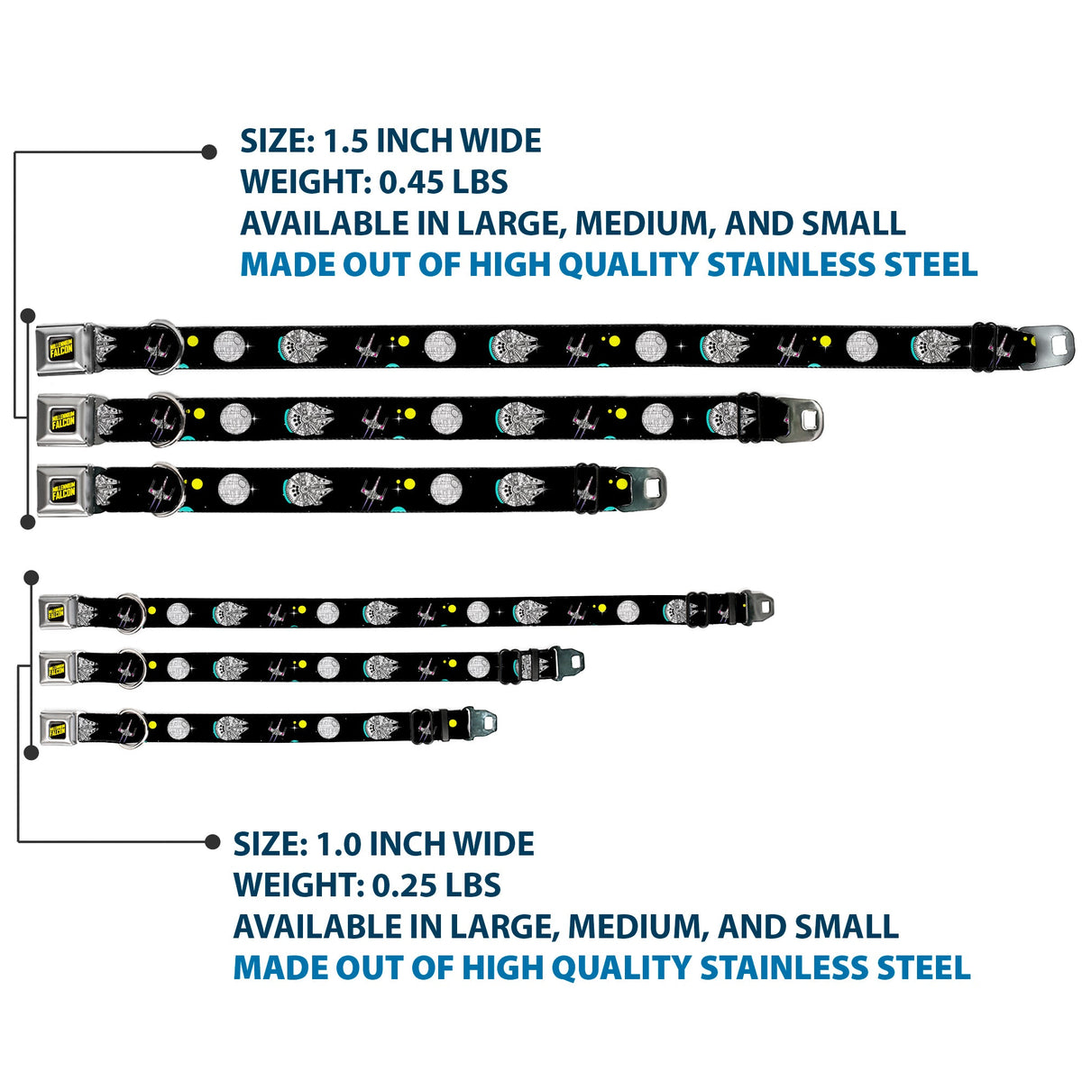 Star Wars MILLINNIUM FALCON Text Full Color Black/Yellow Seatbelt Buckle Collar - Star Wars Death Star Millennium Falcon and X-Wing Fighter in Space Black