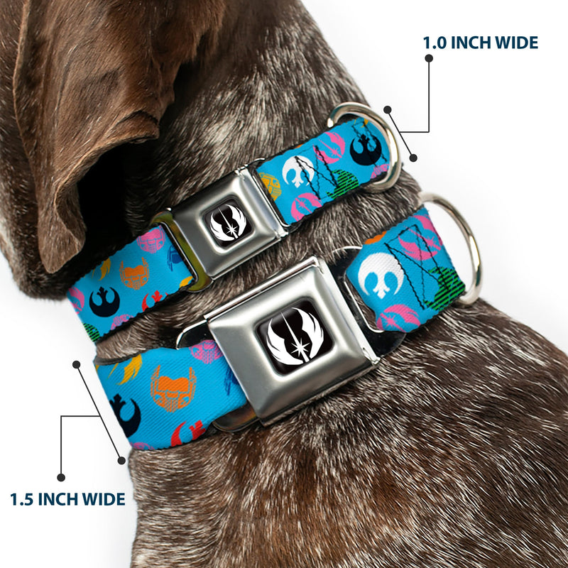 Star Wars Jedi Order Icon Full Color Black/White Seatbelt Buckle Collar - Star Wars Jedi Order and Rebel Alliance Icons Scattered Blue/Multi Color