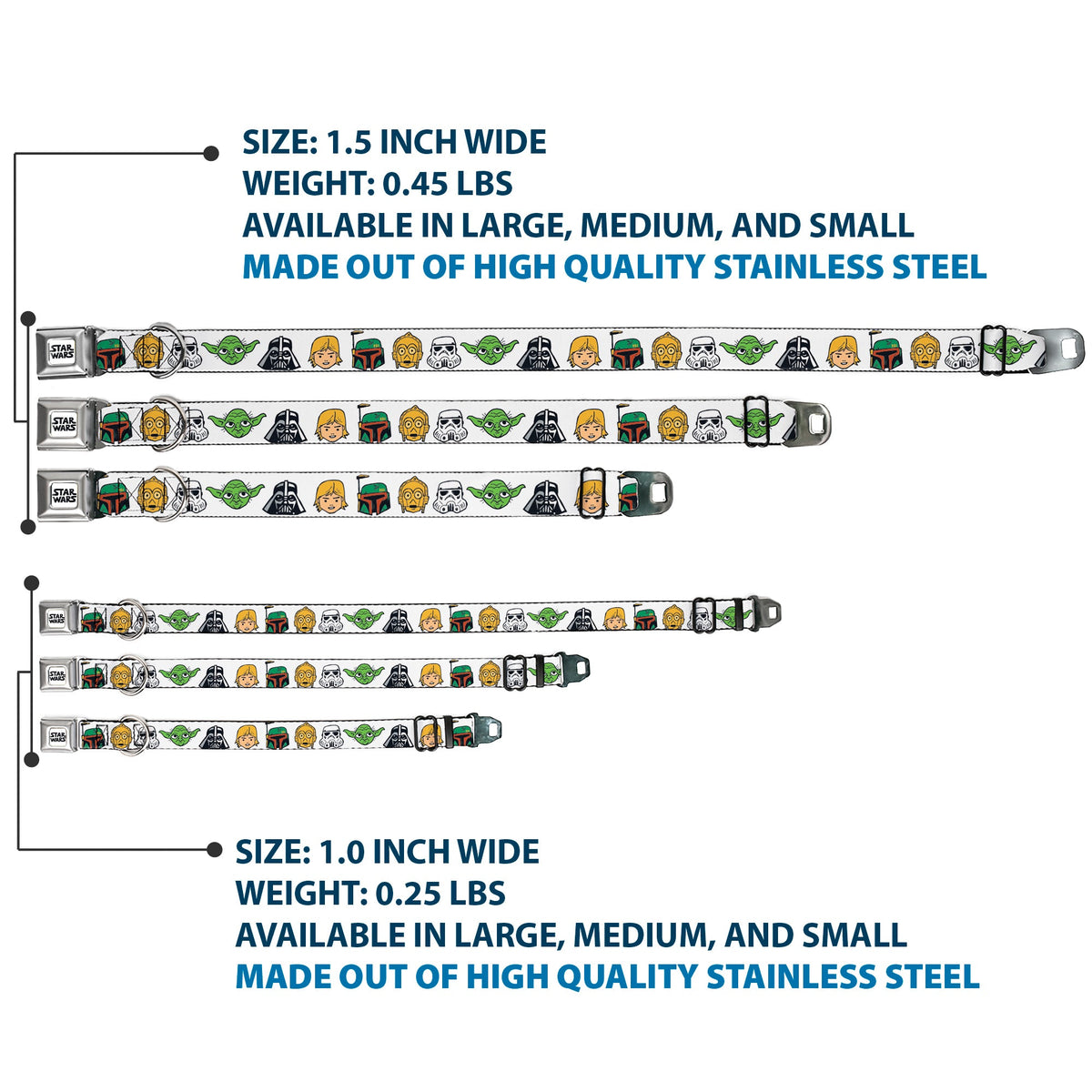 STAR WARS Doodle Logo Full Color White/Black Seatbelt Buckle Collar - Star Wars 6-Character Faces White