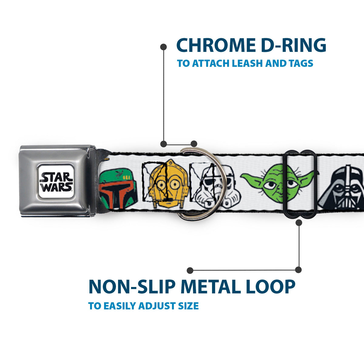 STAR WARS Doodle Logo Full Color White/Black Seatbelt Buckle Collar - Star Wars 6-Character Faces White