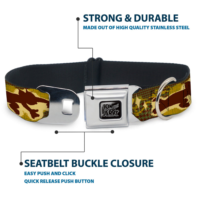 Tom and Jerry Logo Full Color Black Red Seatbelt Buckle Collar - TOM & JERRY Tom Chasing Jerry Houndstooth Browns