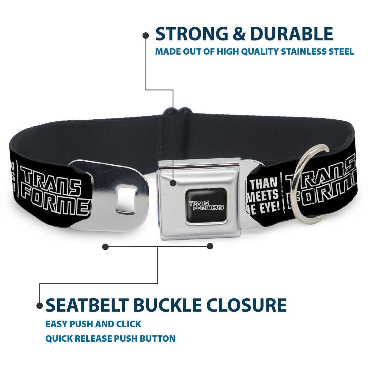 TRANSFORMERS Title Logo Full Color Black/Gray Fade Seatbelt Buckle Collar - TRANSFORMERS MORE THAN MEETS THE EYE Character Trio Black/White