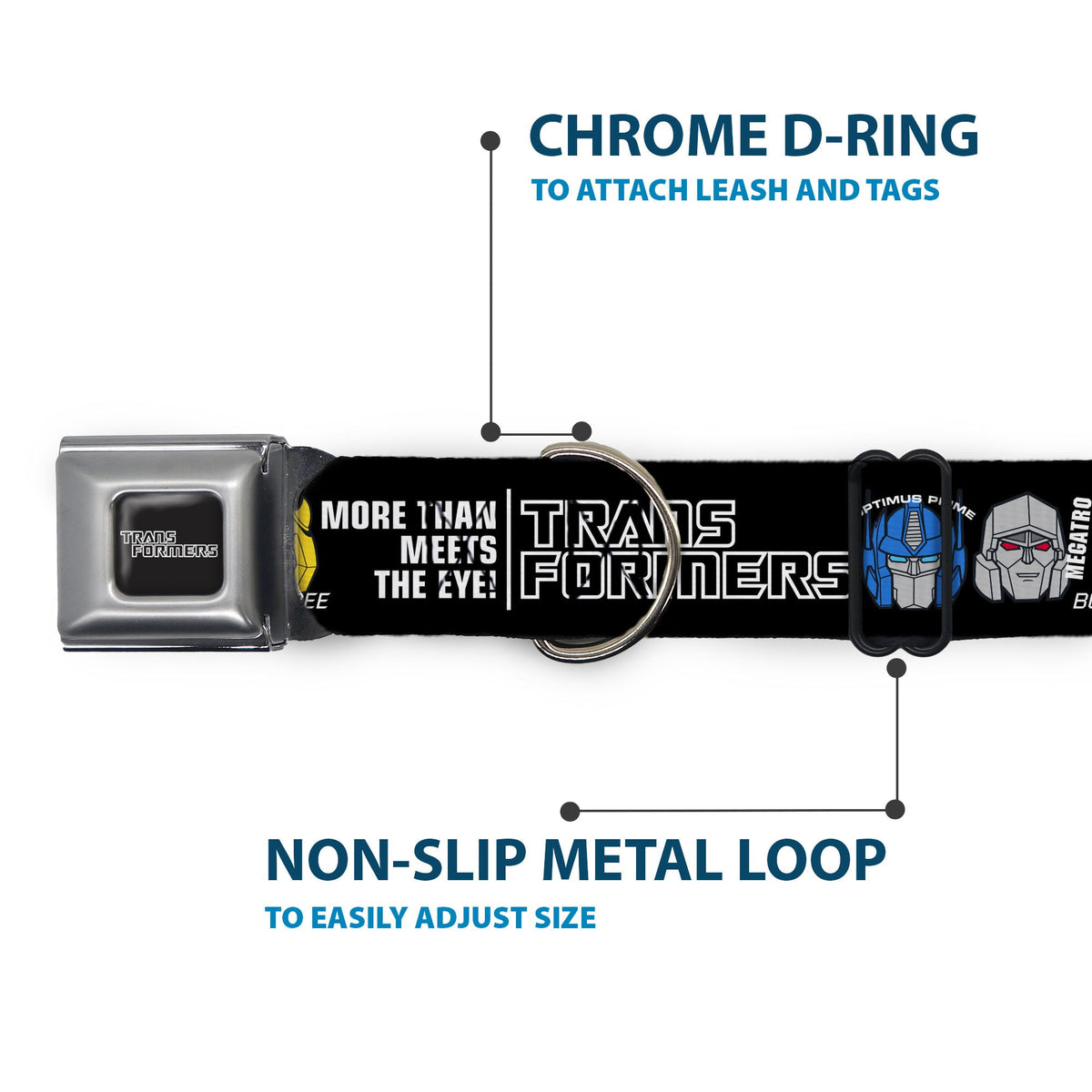 TRANSFORMERS Title Logo Full Color Black/Gray Fade Seatbelt Buckle Collar - TRANSFORMERS MORE THAN MEETS THE EYE Character Trio Black/White