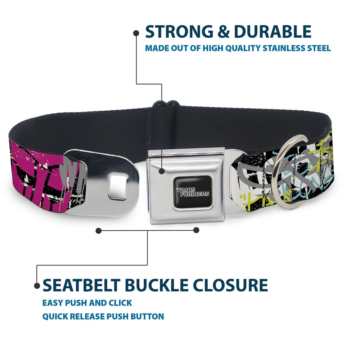TRANSFORMERS Title Logo Full Color Black/Gray Fade Seatbelt Buckle Collar - Transformers Icons and Names Graffiti Collage Black/Multi Color