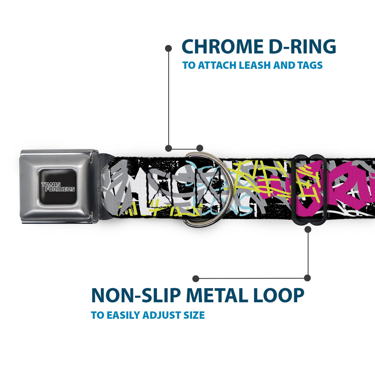 TRANSFORMERS Title Logo Full Color Black/Gray Fade Seatbelt Buckle Collar - Transformers Icons and Names Graffiti Collage Black/Multi Color