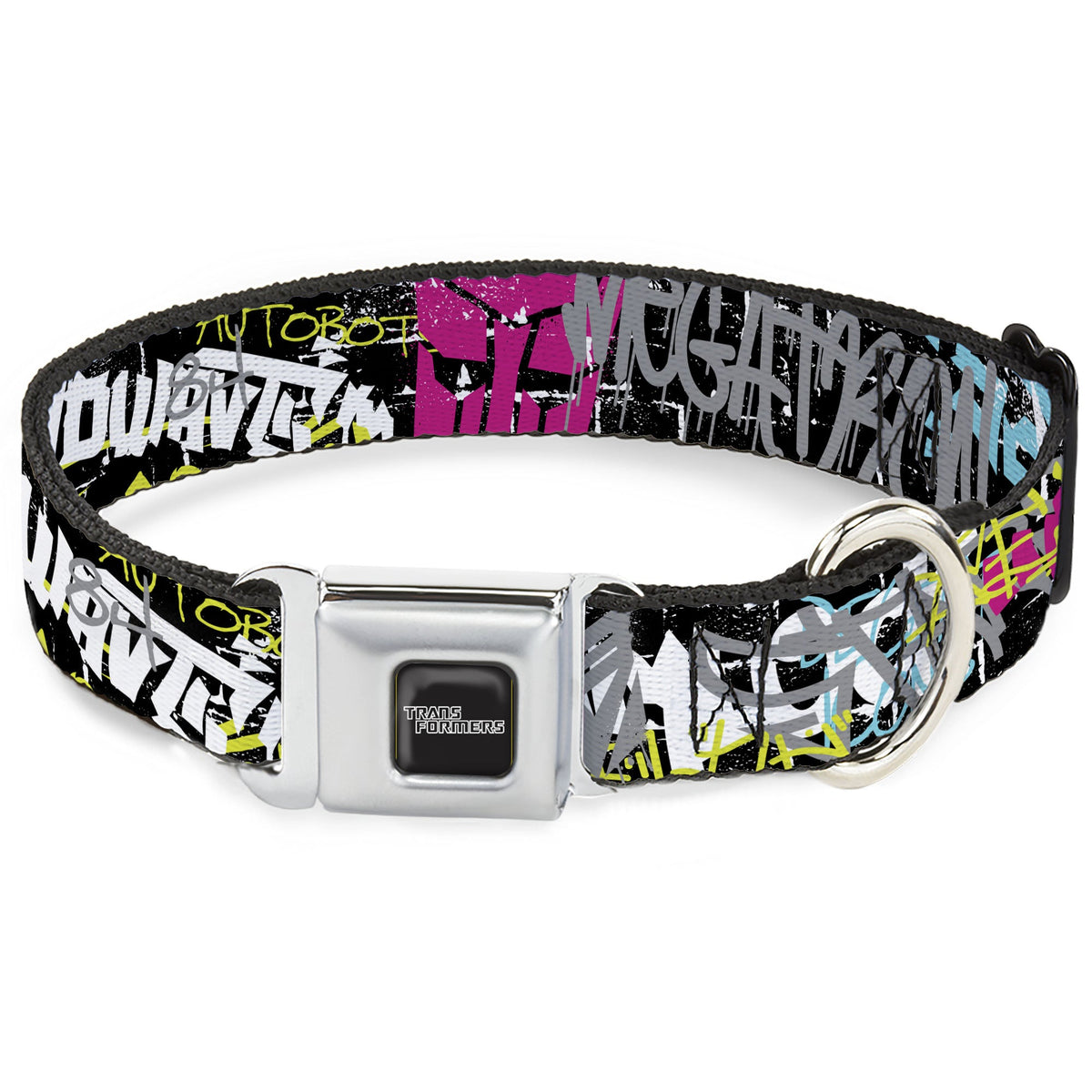 TRANSFORMERS Title Logo Full Color Black/Gray Fade Seatbelt Buckle Collar - Transformers Icons and Names Graffiti Collage Black/Multi Color