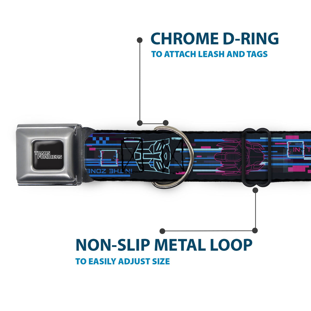 TRANSFORMERS Title Logo Full Color Black/Gray Fade Seatbelt Buckle Collar - Transformers Autobots IN THE ZONE Icons Blues/Reds