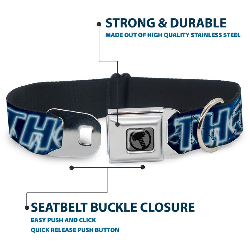 Thor Avengers Icon Silver/Black Seatbelt Buckle Collar - Avengers THOR Hammer/Action Pose Galaxy Blues/White
